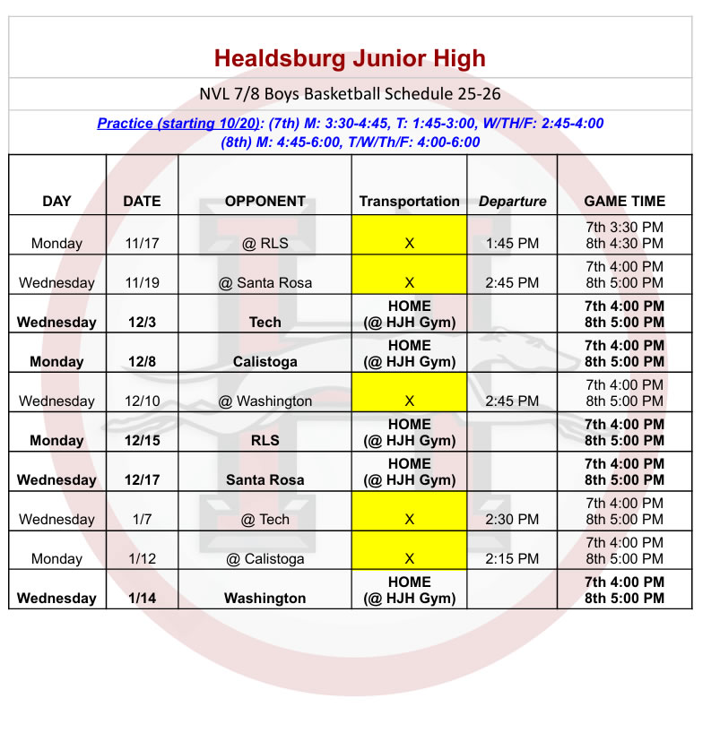 2025-2026 HJH Basketball Game Schedule